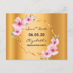 Graduation party gold pink florals geometric postcard