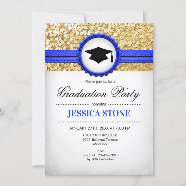 Graduation Party - Gold Royal Blue White Invitation (Front)