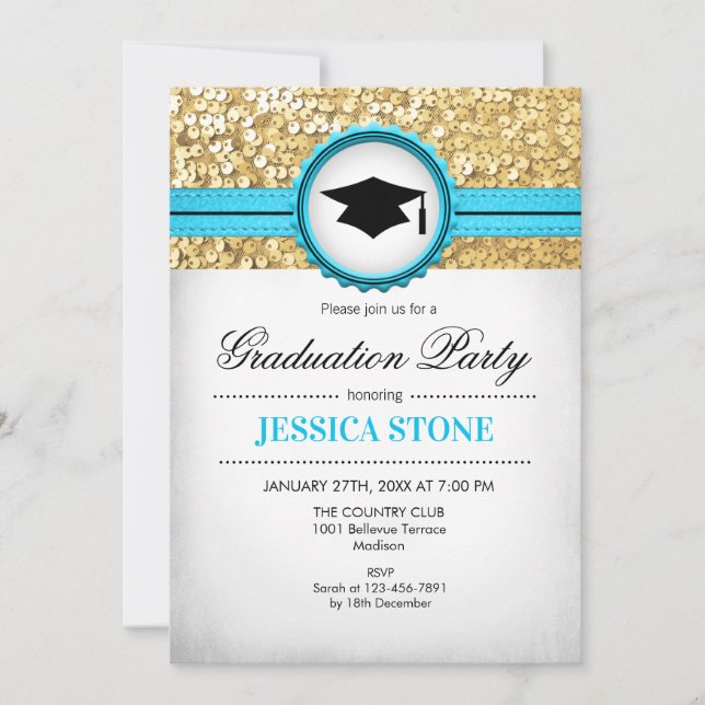 Graduation Party - Gold Turquoise White Invitation (Front)