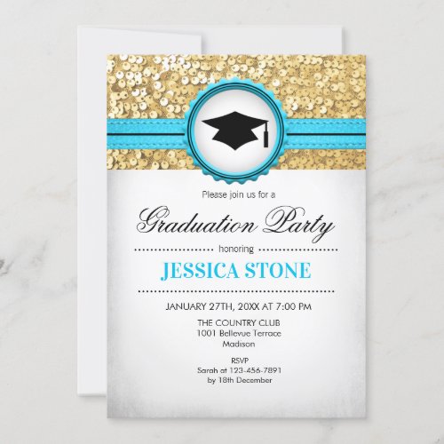 Graduation Party _ Gold Turquoise White Invitation
