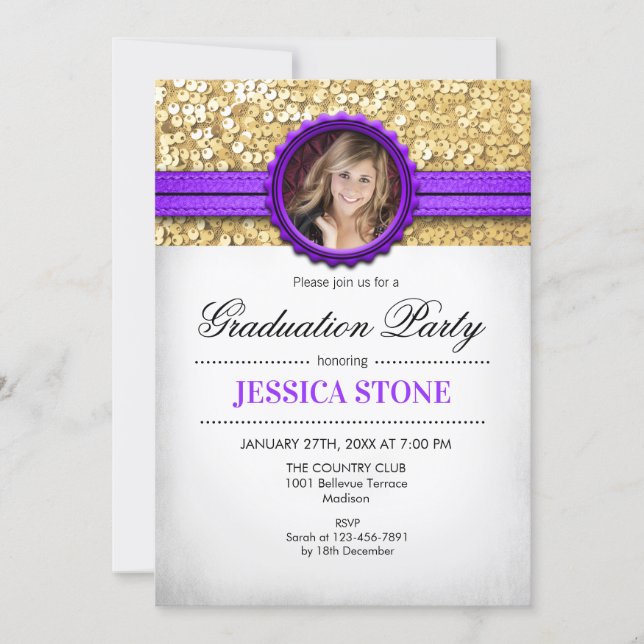 Graduation Party - Gold White Purple - Photo Invitation (Front)