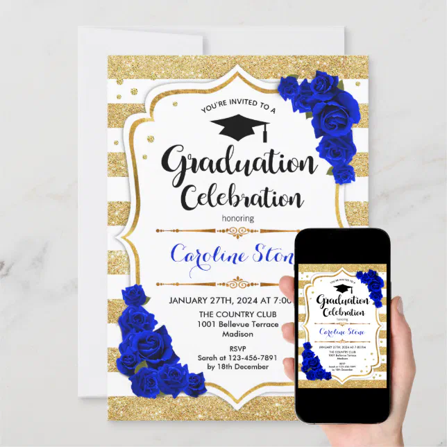 Graduation Party - Gold White Royal Blue Invitation | Zazzle