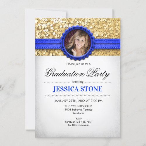 Graduation Party _ Gold White Royal Blue _ Photo Invitation