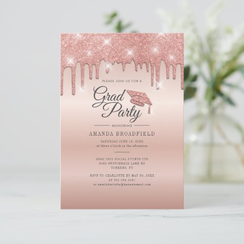 Graduation Party Grad 2022 Rose Gold Glitter Invitation