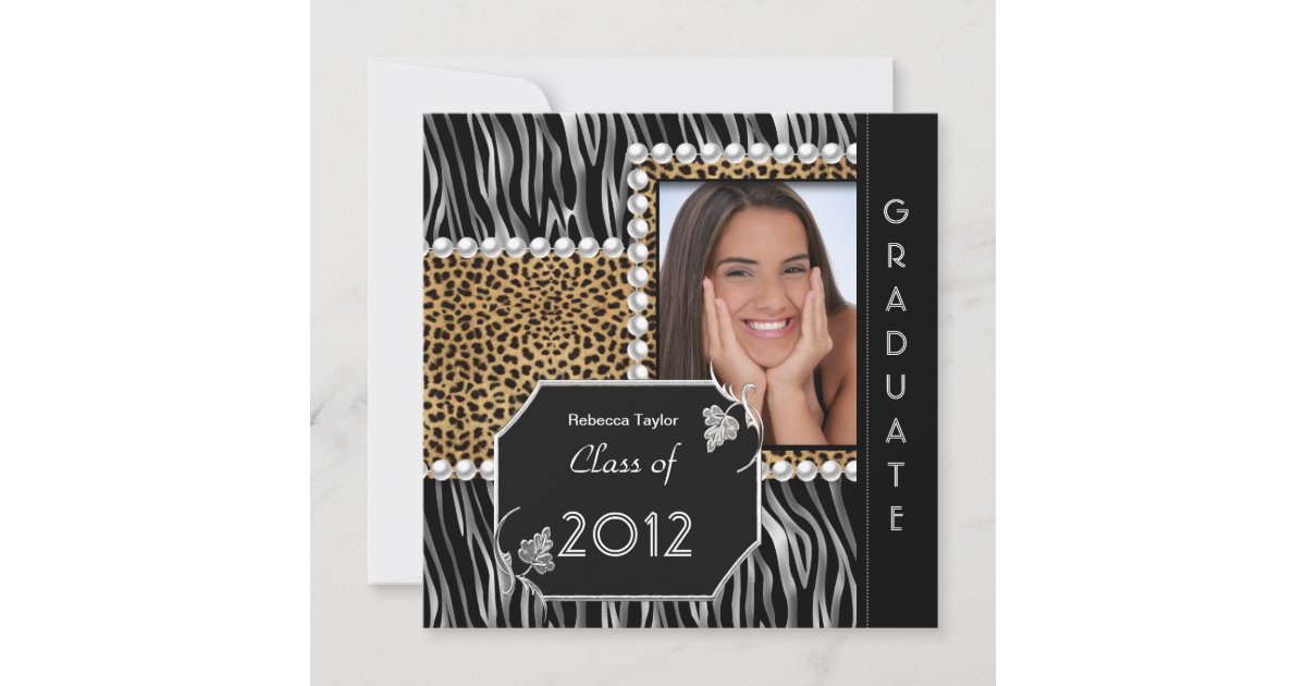 Leopard Graduation Invitations Graduation Party Grad Black White Leopard Zebra Invitation | Zazzle