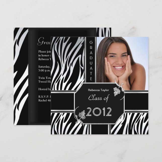 Graduation Party Grad Black White Zebra Animal Invitation (Front/Back)