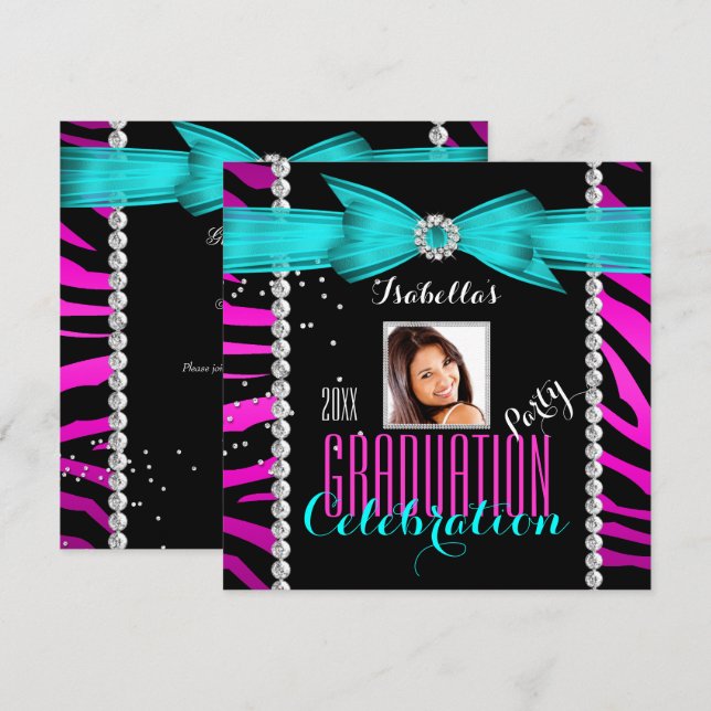 Graduation Party Grad Pink Teal Blue Zebra Photo Invitation (Front/Back)