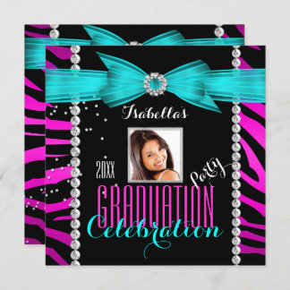 Graduation Party Grad Pink Teal Blue Zebra Photo Invitation