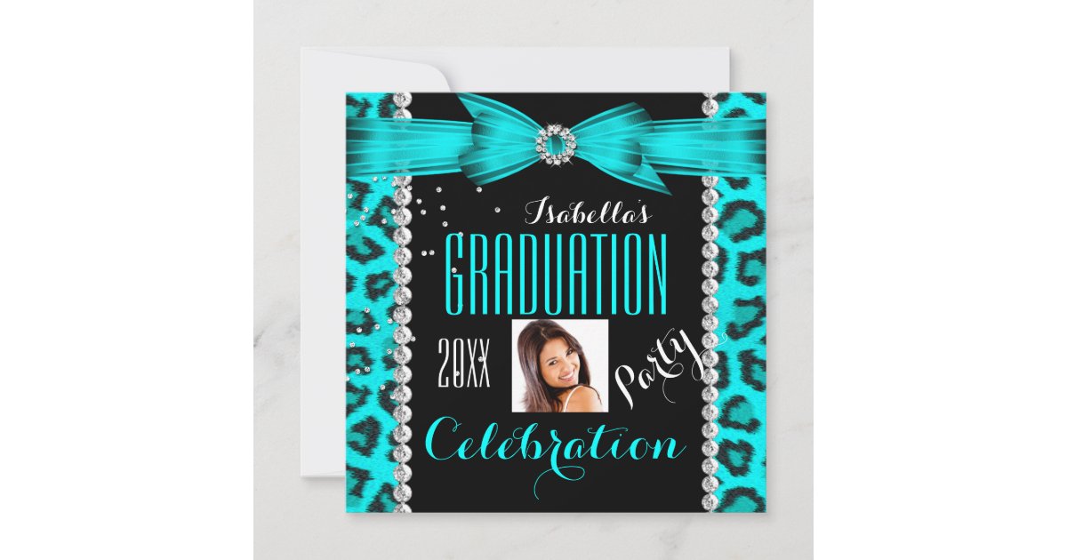 Leopard Graduation Invitations Graduation Party Grad Teal Blue Leopard Photo Invitation | Zazzle