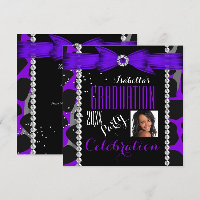 Graduation Party Grad Wild Purple Photo Invitation (Front/Back)