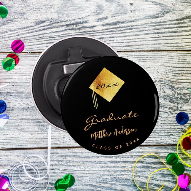Graduation party graduate black gold cap 2025 bottle opener (Creator Uploaded)