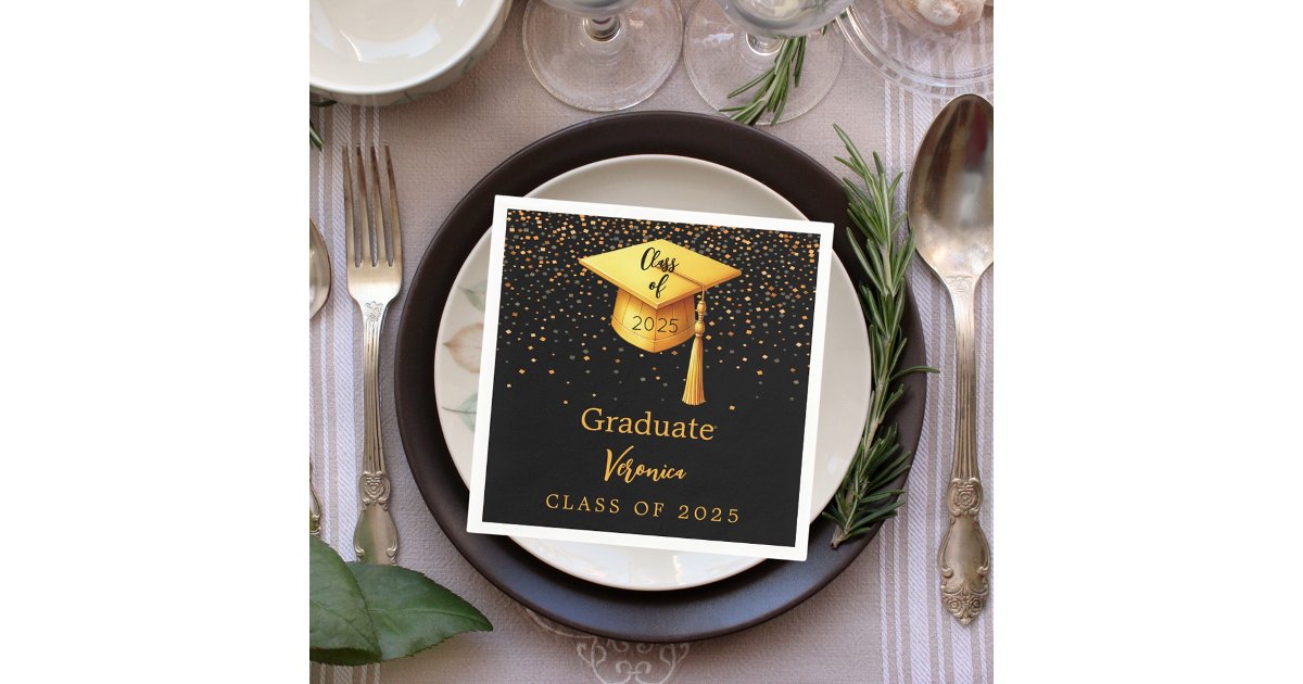 Graduation party graduate black gold cap 2026 napkins | Zazzle