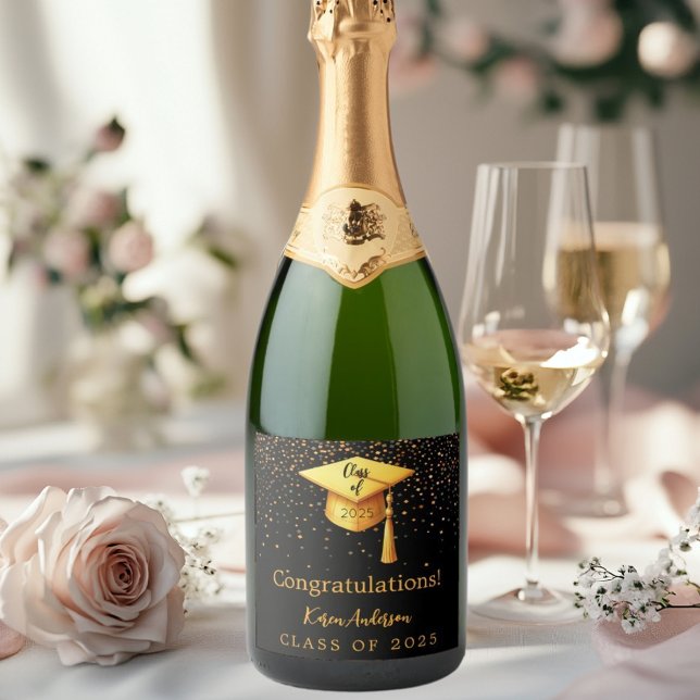 Graduation party graduate black gold cap 2026 sparkling wine label (Creator Uploaded)