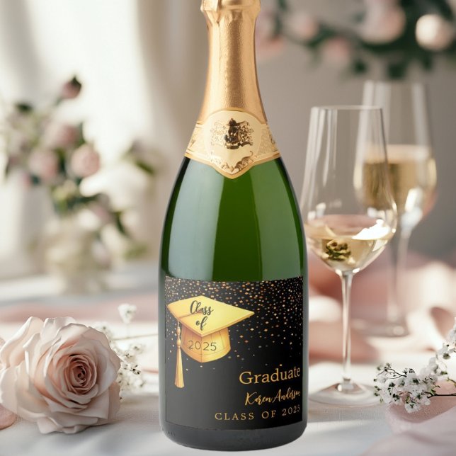 Graduation party graduate black gold cap 2026 sparkling wine label (Creator Uploaded)
