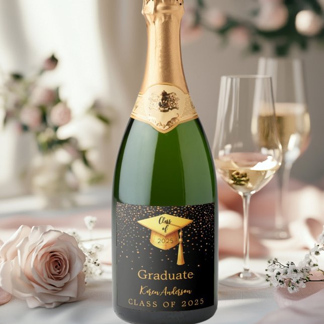 Graduation party graduate black gold cap 2026 sparkling wine label (Creator Uploaded)