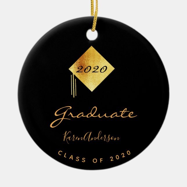 Graduation party graduate black gold cap ceramic ornament (Front)