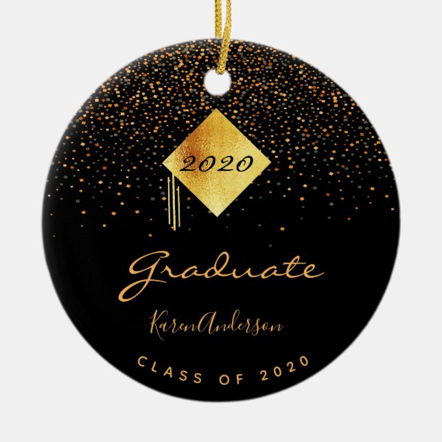 Graduation party graduate black gold cap ceramic ornament (Front)