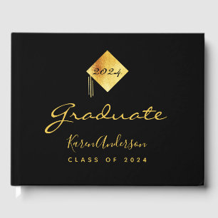 Graduation party graduate black gold cap guest book