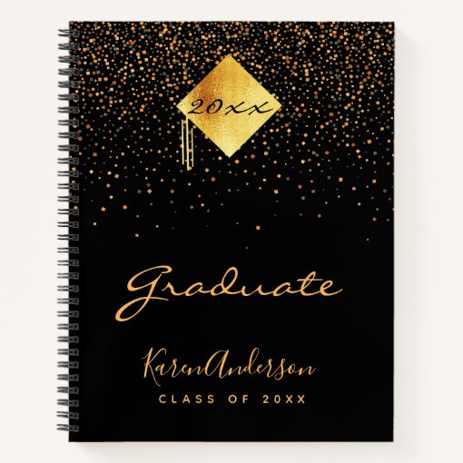 Graduation party graduate black gold confetti notebook | Zazzle