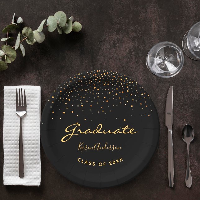 Graduation party graduate black gold paper plates (Creator Uploaded)