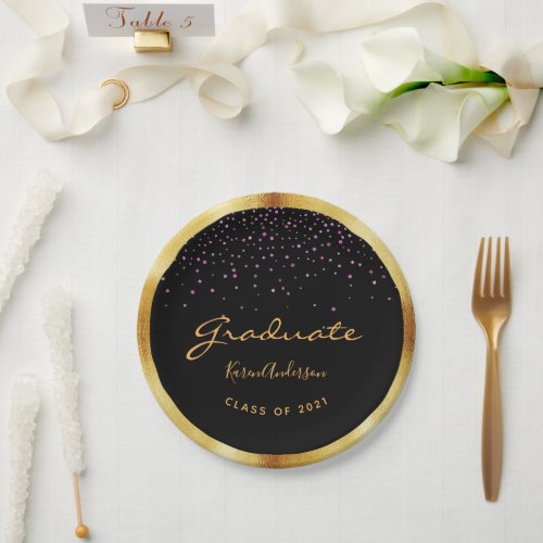 Graduation party graduate black gold purple paper plates
