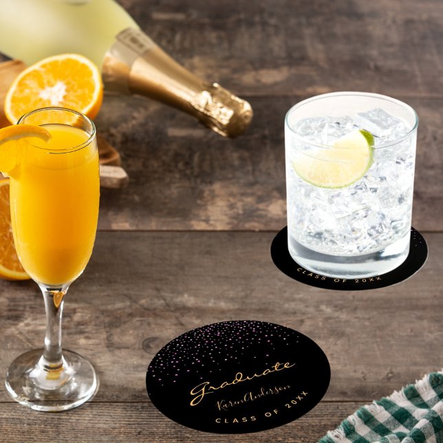 Graduation party graduate black gold purple round paper coaster (Creator Uploaded)