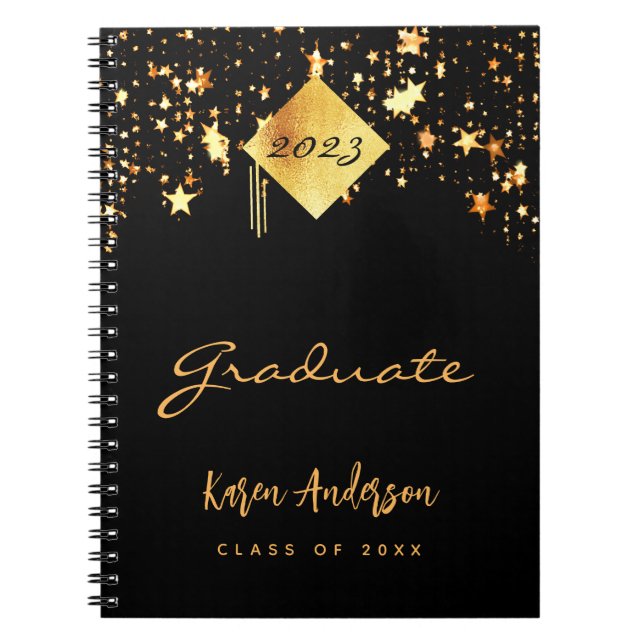 Graduation party graduate black gold stars notebook (Front)