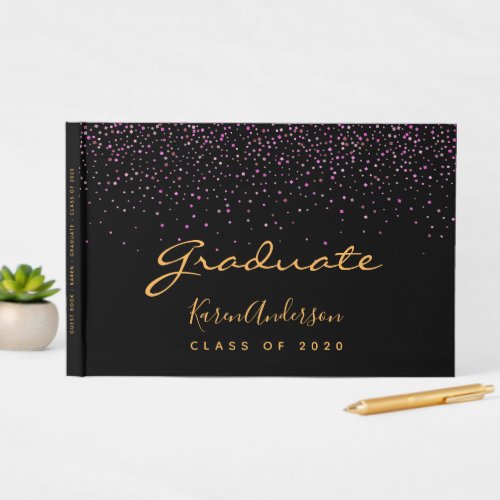 Graduation party graduate black purple guest book