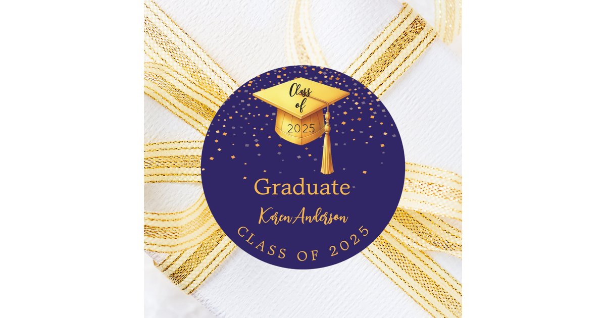 Graduation party graduate blue gold cap 2026 classic round sticker | Zazzle