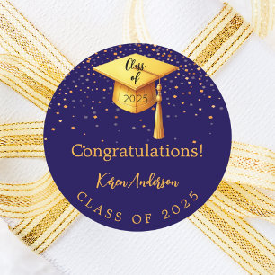 Graduation party graduate blue gold cap 2026 classic round sticker