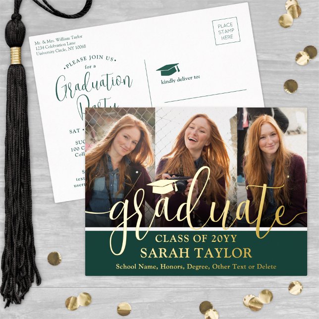 Graduation Party Green 3 Photo Modern Script Foil Invitation Postcard (Creator Uploaded)