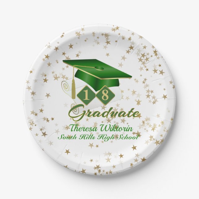 Graduation Party Green & Gold 20XX Paper Plates (Front)