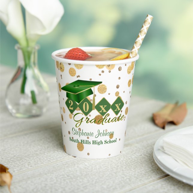 Graduation Party Green Gold Personalized Paper Cups (Insitu)