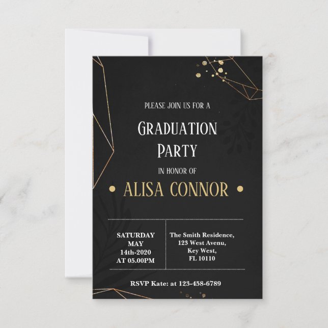 Graduation Party Invintation Black Gold Rose RSVP Card (Front)
