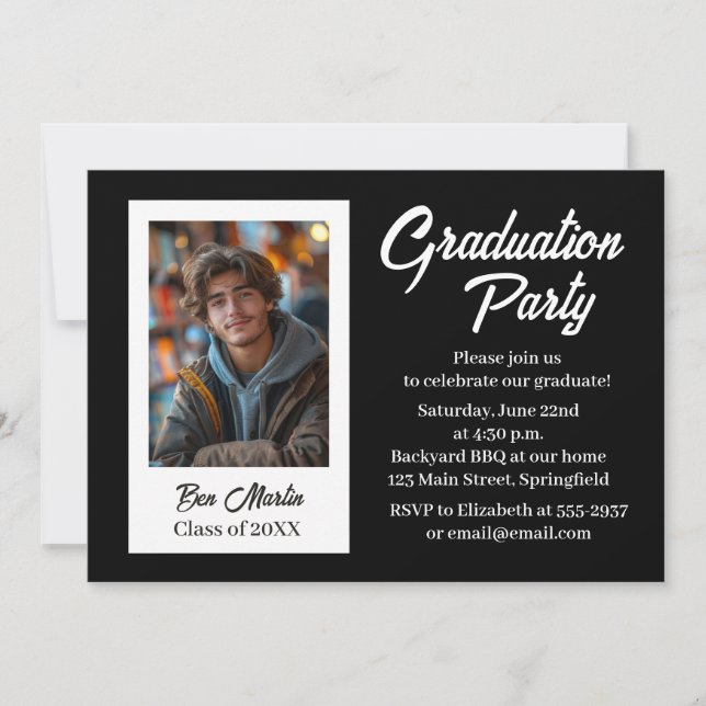 Graduation Party Invitation black simple photo (Front)