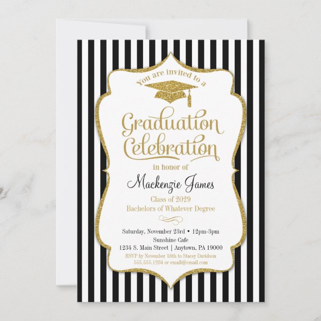 Graduation Party Invitation Elegant Black Gold (Front)