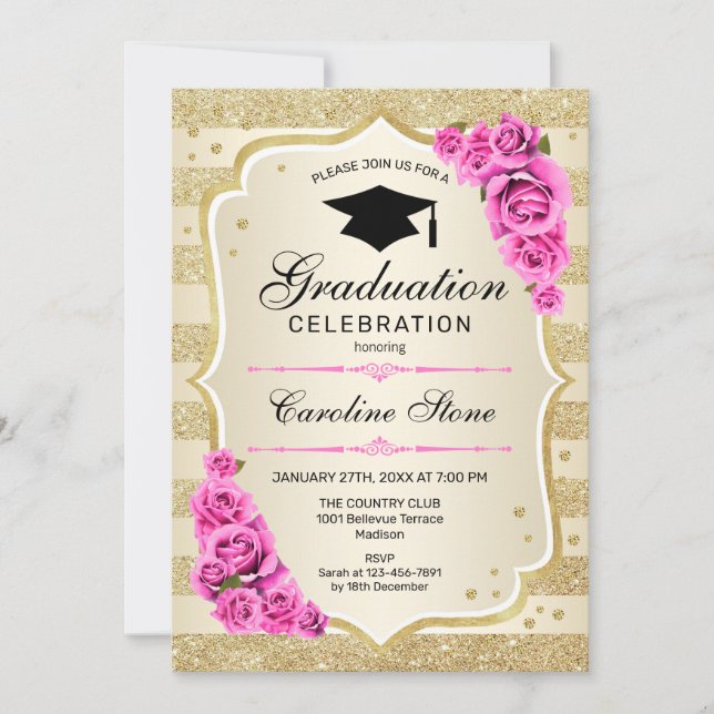 Graduation Party Invitation - Gold Pink Roses (Front)