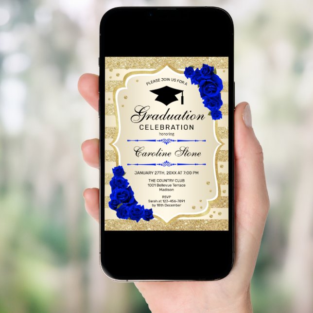 Graduation Party Invitation - Gold Royal Blue (Front Digital)