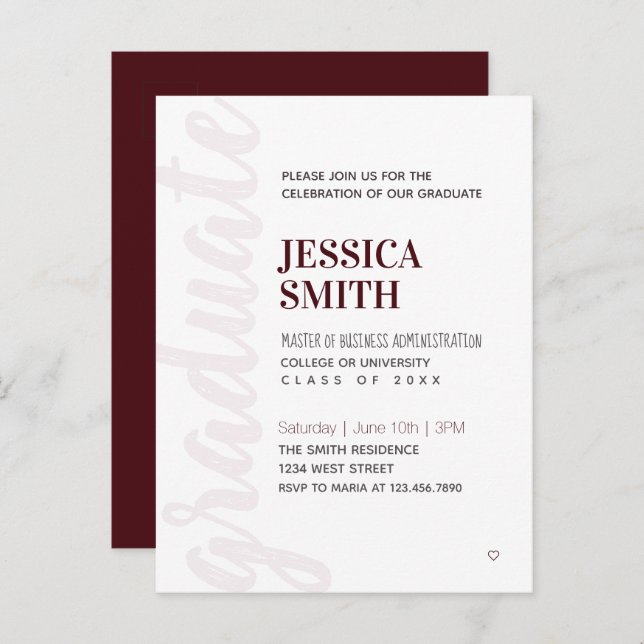 Graduation Party Invitation Modern Simple Red Postcard (Front/Back)