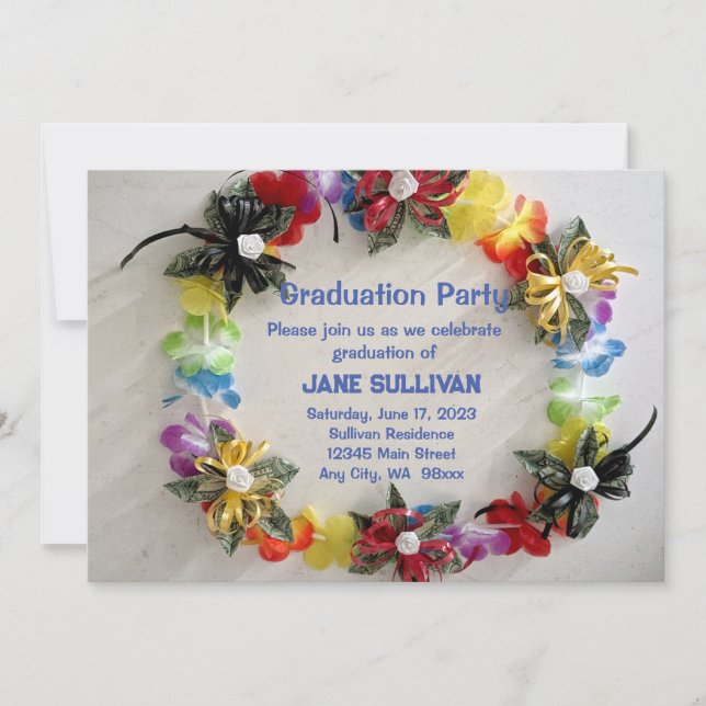 Graduation Party invitation - Money lei design (Front)
