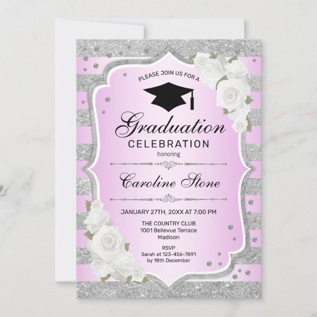 Graduation Party Invitation - Silver Purple Pink (Front)