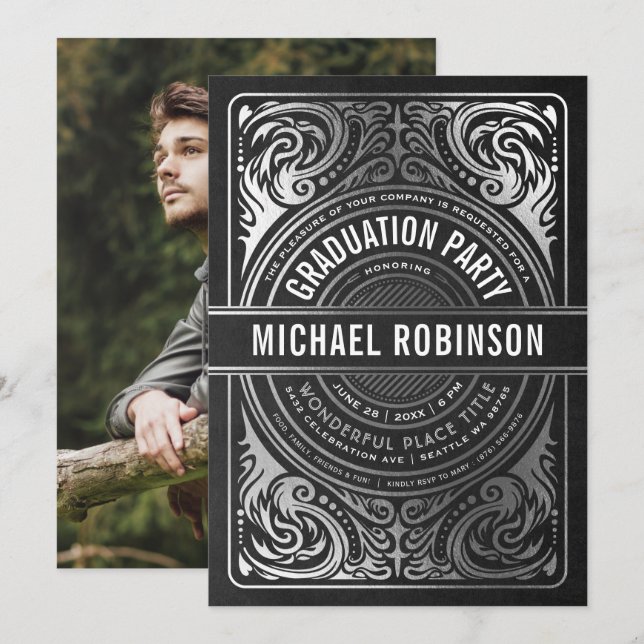 Graduation Party Invitations Silver Foil Photo (Front/Back)