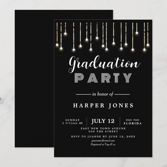 graduation party invite black and gold birthday (Front/Back)