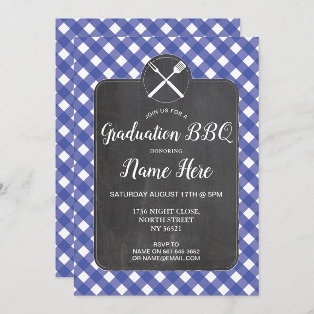 Graduation Party Invite Blue Gingham BBQ Chalk (Front/Back)