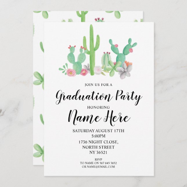 Graduation Party Invite Cactus Watercolor Print (Front/Back)