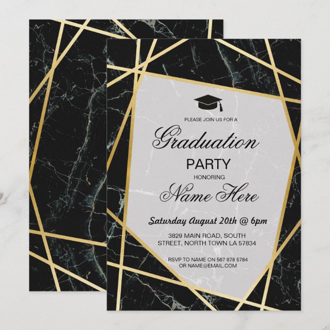 Graduation Party Invite Elegant Black Marble Gold (Front/Back)