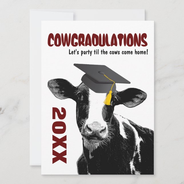 Graduation Party Invite - Funny Cow in Grad Cap (Front)