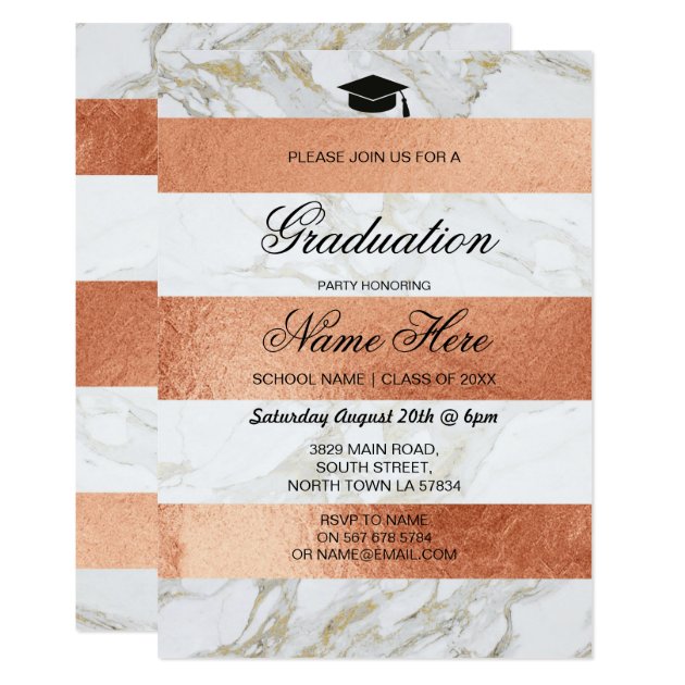Graduation Party Invite Stripe White Marble Gold