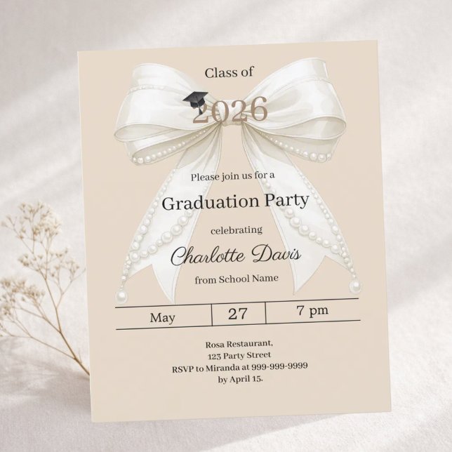 Graduation party ivory bow champagne invitation (Creator Uploaded)