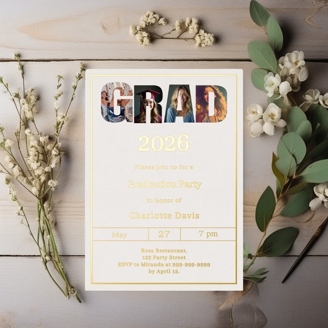 Graduation party ivory gold grad photo foil invitation (Creator Uploaded)